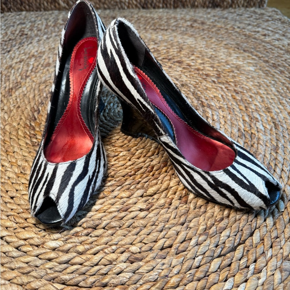 Luichiny 10 Zebra Print Leather Peep Toe Heels Lui Chiny Black White Patent